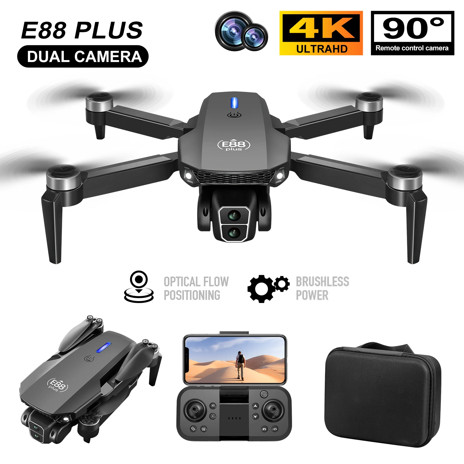 Rc Helicopter Case - 新型E88 Plusクアッドコプタードローン：90 ° 電動調整カメラ、ブラシレスモーター、オプティカルフローポジショニングおもちゃ